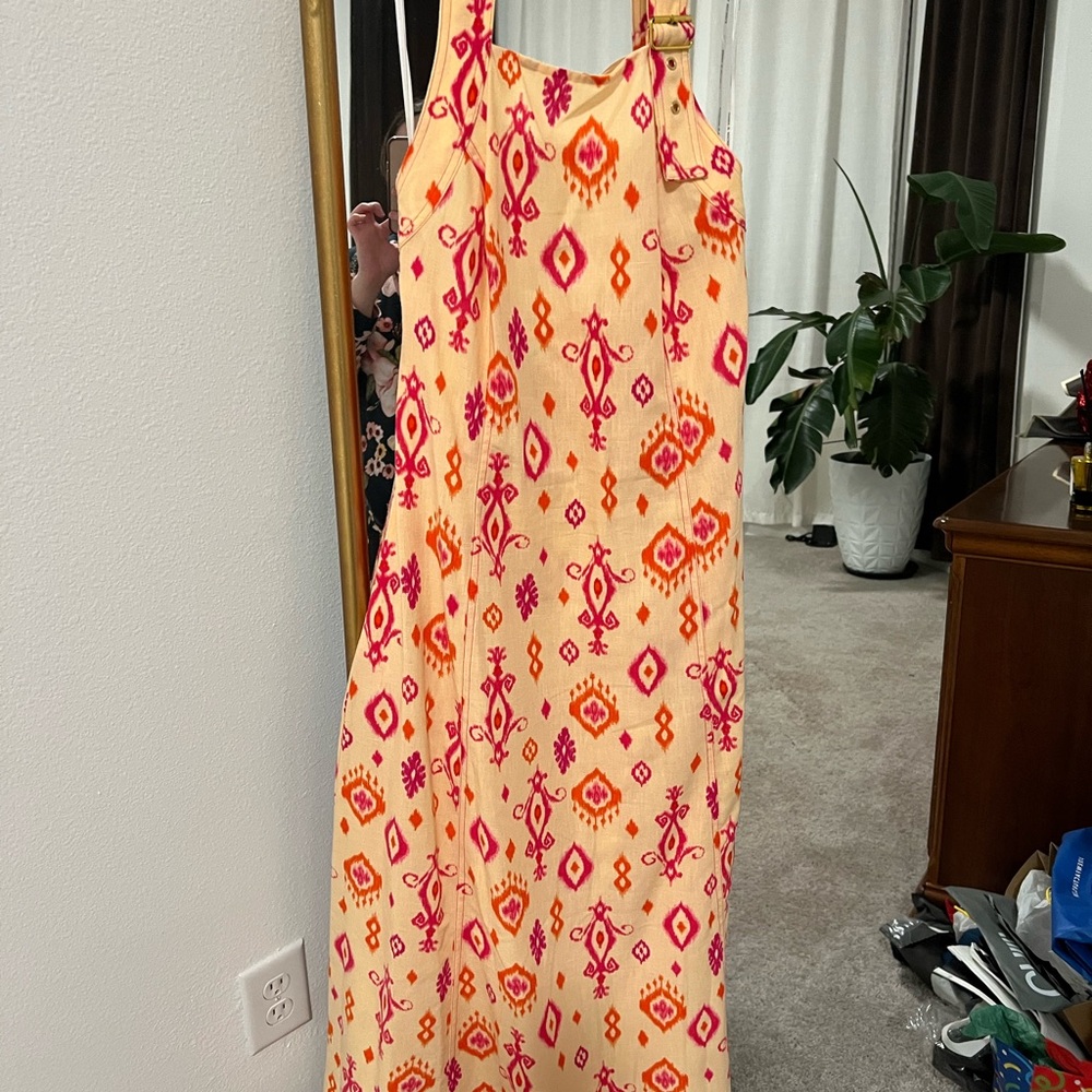 Peach Ikat Print Maxi Dress with Pink & Orange Accents